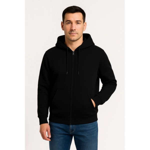 Erkek Üç İplik Kapüşonlu Tam Fermuarlı Kanguru Çepli SweatShirt Hoodie - Siyah