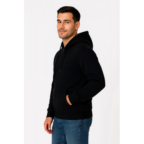 Erkek Üç İplik Kapüşonlu Tam Fermuarlı Kanguru Çepli SweatShirt Hoodie - Siyah