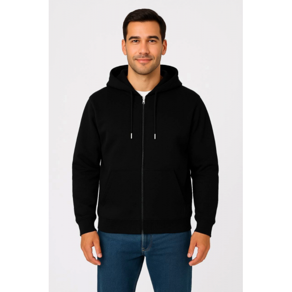 Erkek Üç İplik Kapüşonlu Tam Fermuarlı Kanguru Çepli SweatShirt Hoodie - Siyah
