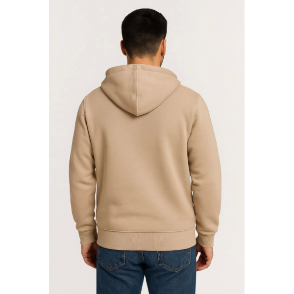 Erkek Üç İplik Kapüşonlu Tam Fermuarlı Kanguru Çepli SweatShirt Hoodie - Bej