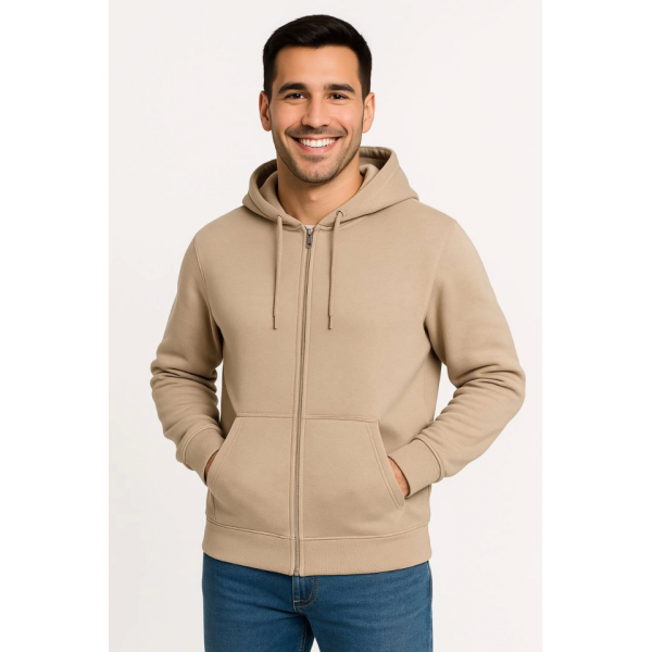 Erkek Üç İplik Kapüşonlu Tam Fermuarlı Kanguru Çepli SweatShirt Hoodie - Bej