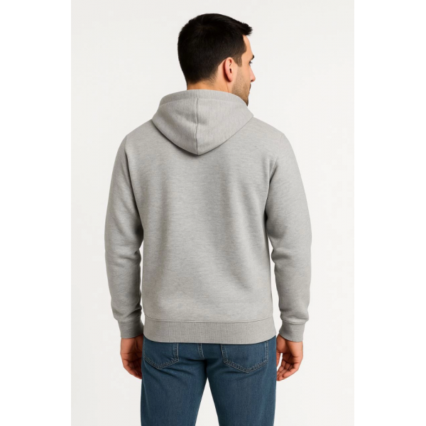Erkek Üç İplik Kapüşonlu Tam Fermuarlı Kanguru Çepli SweatShirt Hoodie - Gri