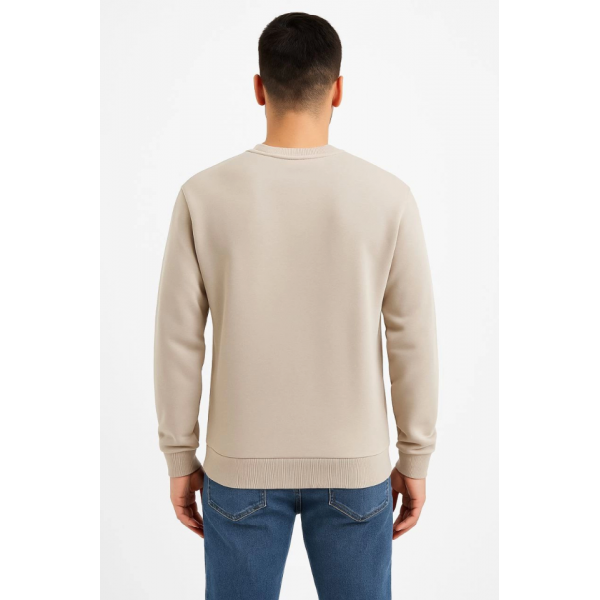 Erkek Üç İplik Düz Bisiklet Yaka SweatShirt - Bej