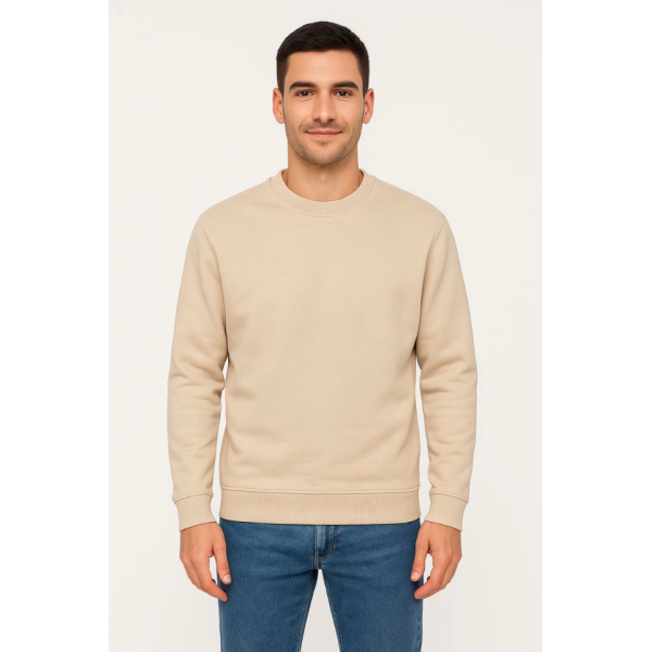 Erkek Üç İplik Düz Bisiklet Yaka SweatShirt - Bej