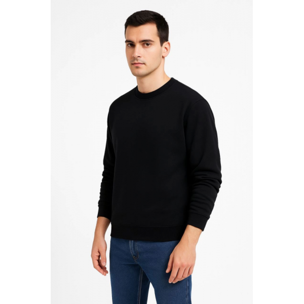 Erkek Üç İplik Düz Bisiklet Yaka SweatShirt - Siyah