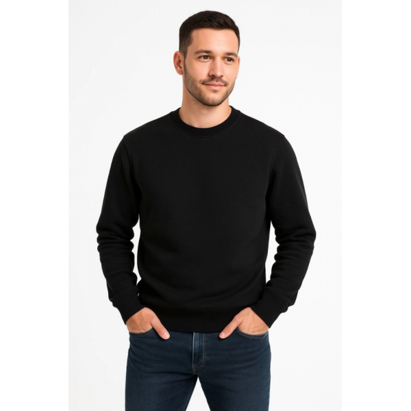 Erkek Üç İplik Düz Bisiklet Yaka SweatShirt - Siyah