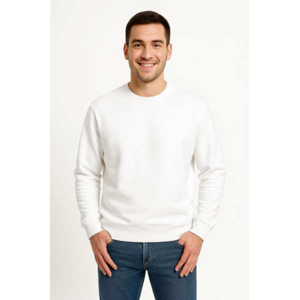 Erkek Üç İplik Düz Bisiklet Yaka SweatShirt - Beyaz