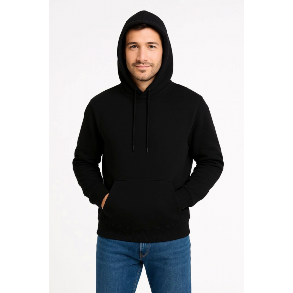 Erkek Üç İplik Kapüşonlu Kanguru Cepli SweatShirt Hoodie - Siyah