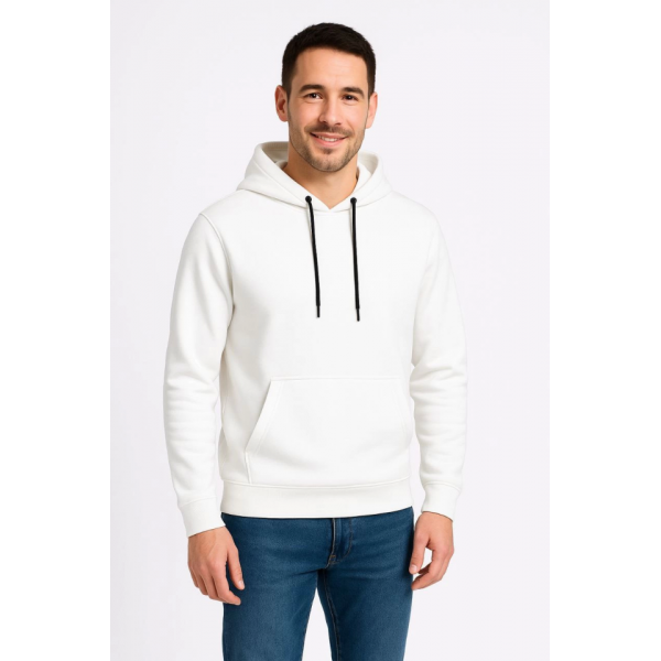Erkek Üç İplik Kapüşonlu Kanguru Cepli SweatShirt Hoodie - Beyaz