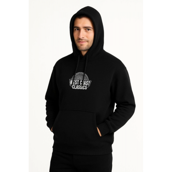 Erkek Üç İplik Kapüşonlu Ön Ve Arka Baskılı SweatShirt Hoodie - Siyah