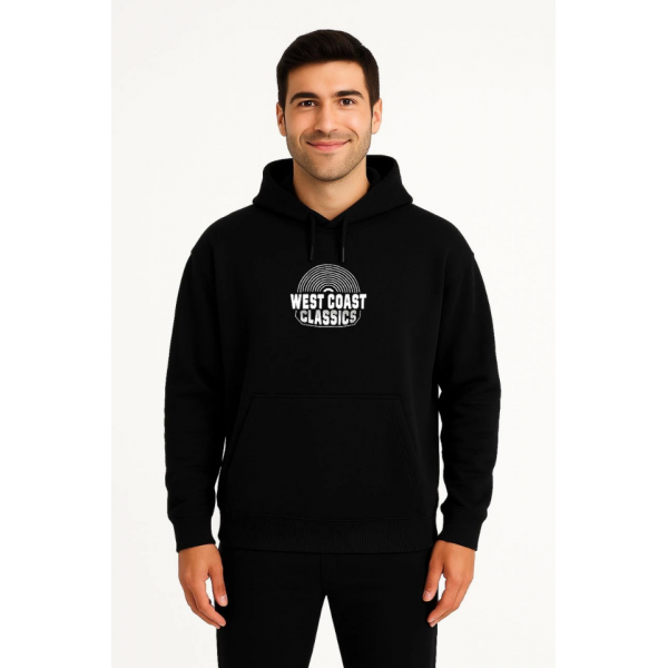 Erkek Üç İplik Kapüşonlu Ön Ve Arka Baskılı SweatShirt Hoodie - Siyah