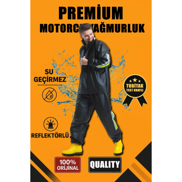 Premium Motorcu Kurye Yağmurluk Takım Su Geçirmez PVC Kumaş Reflektörlü TÜBİTAK Onaylı - Siyah