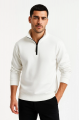 Erkek Dik Yaka Sweatshirt Dik Yaka Yarım Fermuarlı 3 İplik Şardonlu Pamuk Kumaş - Beyaz
