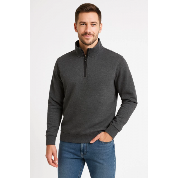 Erkek Dik Yaka Sweatshirt Dik Yaka Yarım Fermuarlı 3 İplik Şardonlu Pamuk Kumaş - Antrasit