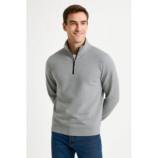 Erkek Dik Yaka Sweatshirt Dik Yaka Yarım Fermuarlı 3 İplik Şardonlu Pamuk Kumaş - Gri