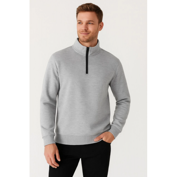 Erkek Dik Yaka Sweatshirt Dik Yaka Yarım Fermuarlı 3 İplik Şardonlu Pamuk Kumaş - Gri