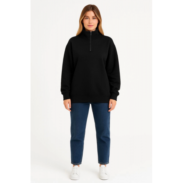 Üç İplik Dık Yaka Yarım Fermuarlı SweatShirt - Siyah