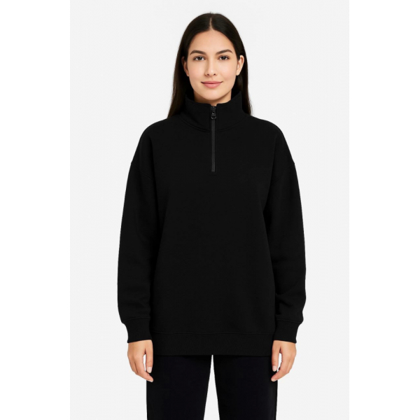 Üç İplik Dık Yaka Yarım Fermuarlı SweatShirt - Siyah