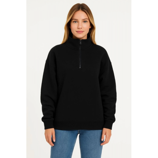 Üç İplik Dık Yaka Yarım Fermuarlı SweatShirt - Siyah