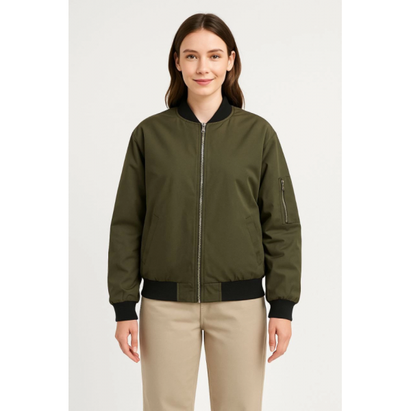 Içi Astarlı Fermuarlı Bomber Mont Ceket - Haki