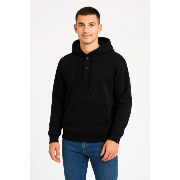 Erkek Ovarsize Kapüşonlu Swetshirt Kanguru Çepli Cıtcıtlı 3 Iplik Şardonlu Hoodie - Siyah