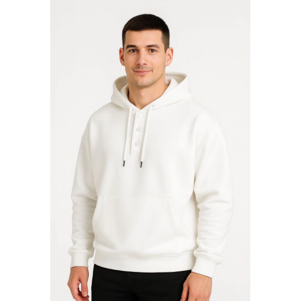 Erkek Ovarsize Kapüşonlu Swetshirt Kanguru Çepli Cıtcıtlı 3 Iplik Şardonlu Hoodie - Beyaz