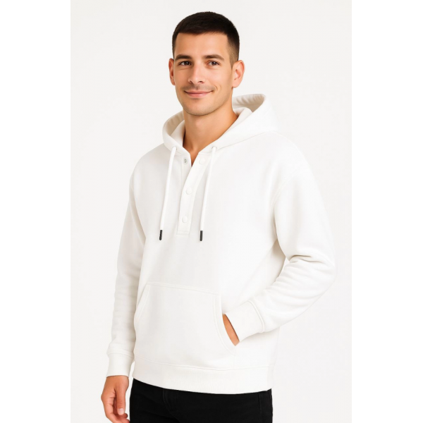 Erkek Ovarsize Kapüşonlu Swetshirt Kanguru Çepli Cıtcıtlı 3 Iplik Şardonlu Hoodie - Beyaz