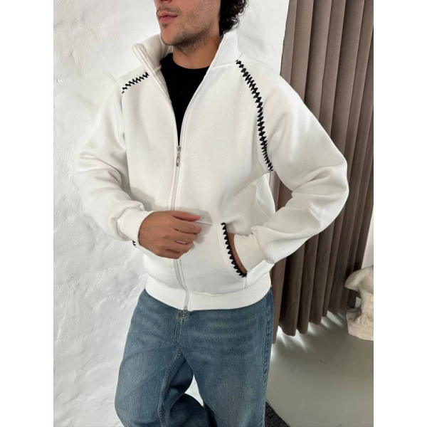 Erkek Oversize Dik Yaka Fermuarlı Sweatshirt - Zincir Nakışli Kanguru Cepli - Beyaz