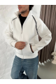Erkek Oversize Dik Yaka Fermuarlı Sweatshirt - Zincir Nakışli Kanguru Cepli - Beyaz
