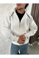 Erkek Oversize Dik Yaka Fermuarlı Sweatshirt - Zincir Nakışli Kanguru Cepli - Beyaz