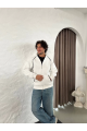 Erkek Oversize Dik Yaka Fermuarlı Sweatshirt - Zincir Nakışli Kanguru Cepli - Beyaz