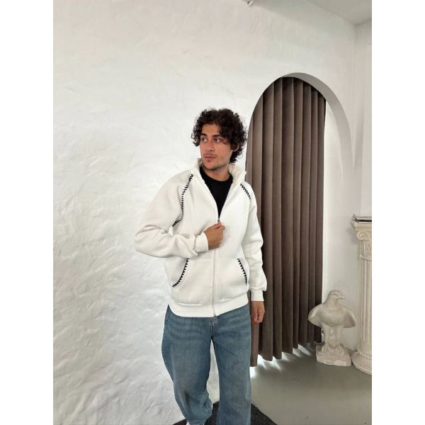 Erkek Oversize Dik Yaka Fermuarlı Sweatshirt - Zincir Nakışli Kanguru Cepli - Beyaz