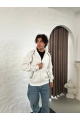 Erkek Oversize Dik Yaka Fermuarlı Sweatshirt - Zincir Nakışli Kanguru Cepli - Beyaz