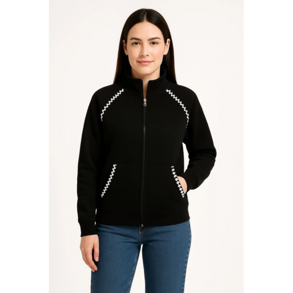 Oversize Dik Yaka Fermuarlı Sweatshirt - Zincir Nakışli Kanguru Cepli, - Siyah