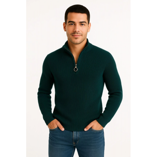 Erkek Yarım Fermuarlı Triko Kazak – Selanik Örgü, Dik Yaka, Pamuklu Dokuma, Regular Fit Uzun Kollu Kışlık Model - Haki