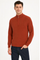 Erkek Yarım Fermuarlı Triko Kazak – Selanik Örgü, Dik Yaka, Pamuklu Dokuma, Regular Fit Uzun Kollu Kışlık Model - Kiremit