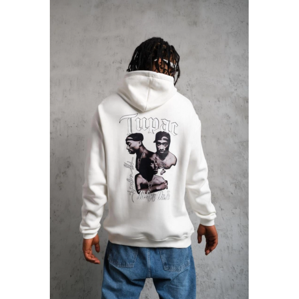 Erkek Oversize Üç İplik Kapüşonlu Sweat – Kol Ve Etek Ribana Detaylı, Ön Ve Sırt Baskılı, Kanguru Cepli Rahat Kalıp Model - Beyaz