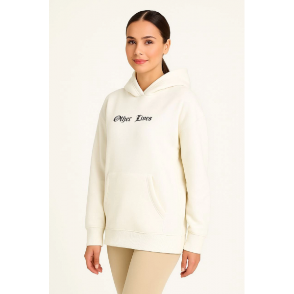 Oversize Üç İplik Şardonlu Kapüşonlu Sweatshirt – Beyaz “Other Lives” Ön Ve Arka Baskılı, Kanguru Cepli, Ribanalı Rahat Kışlık Model Beyaz