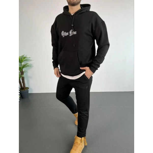 Erkek Kapşonlu Sweatshirt – Oversize Üç İplik Şardonlu Hoodie, “Other Lives” Ön - Arka Baskılı, Kanguru Cepli, Kışlık Rahat Günlük Stil - Siyah
