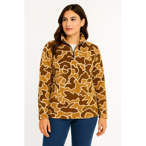 KADIN Yarım Fermuarlı Desenli Polar Sweat Yakalı, Uzun Kollu, Oversize Rahat Kalıp - Kahverengi
