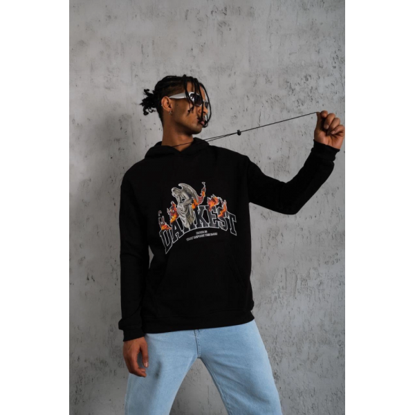 Erkek Oversize Kapüşonlu Sweatshirt – Siyah Renk Üç İplik İçi Pamuklu Kanguru Cepli Baskılı Hoodie Rahat Kalıp Kışlık Günlük Kombinlere Uygun - Siyah