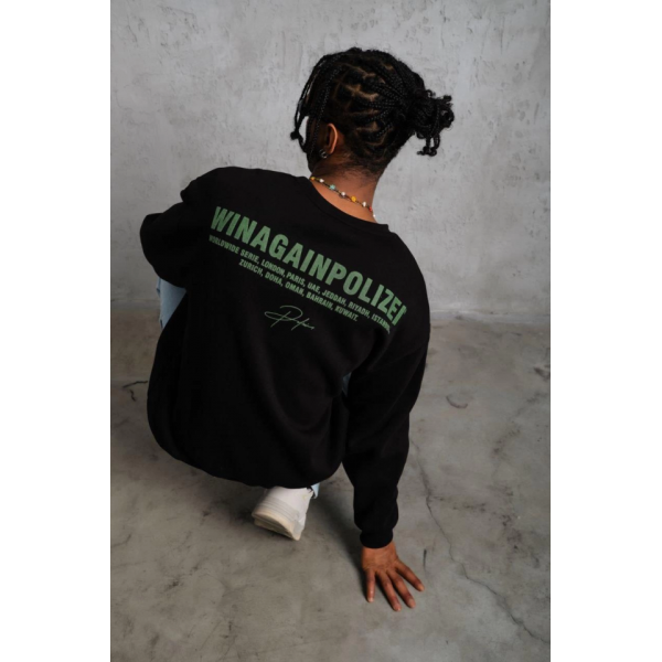 Erkek Oversize Sweatshirt – Siyah Renk  Ön Ve Sırt Baskılı, Üç İplik İçi Pamuklu Kumaş, Rahat Kalıp, Ribanalı Kışlık Sweat  Winagain Polizei Serisi - Siyah
