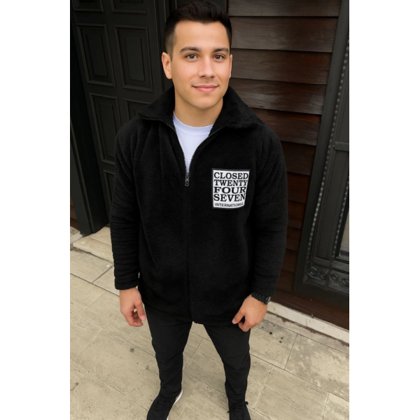 Erkek Polar Fermuarlı Sweatshirt – Kapüşonsuz, Cepli, Yumuşak Dokulu, Oversize Rahat Kalıp, Kışlık Sıcak Tutan Fermuarlı Üst - Siyah