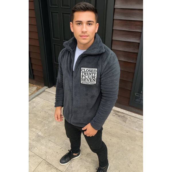 Erkek Polar Fermuarlı Sweatshirt – Kapüşonsuz, Cepli, Yumuşak Dokulu, Oversize Rahat Kalıp, Kışlık Sıcak Tutan Fermuarlı Üst - Füme