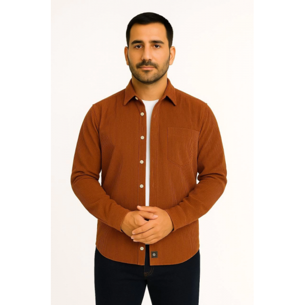 Erkek Fitilli Kadife Cepli Gömlek Oversize Rahat Kalıp - Kahverengi