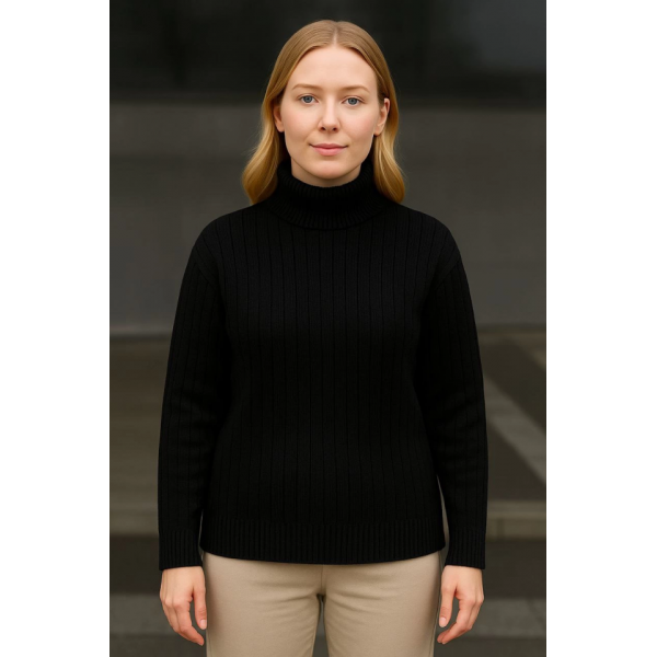 Balıkcı Yaka Bağazlı Triko Kazak Pamuklu Kalın Fitilli Dokuma - Siyah