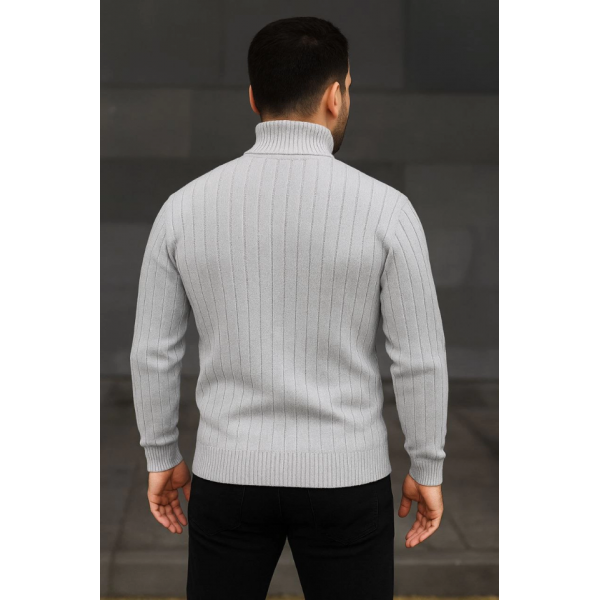 Erkek Balıkcı Yaka Bağazlı Triko Kazak Pamuklu Kalın Fitilli Dokuma, Regular Fit Uzun Kollu Kışlık Model - Gri