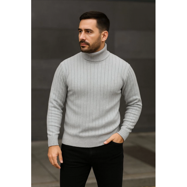 Erkek Balıkcı Yaka Bağazlı Triko Kazak Pamuklu Kalın Fitilli Dokuma, Regular Fit Uzun Kollu Kışlık Model - Gri