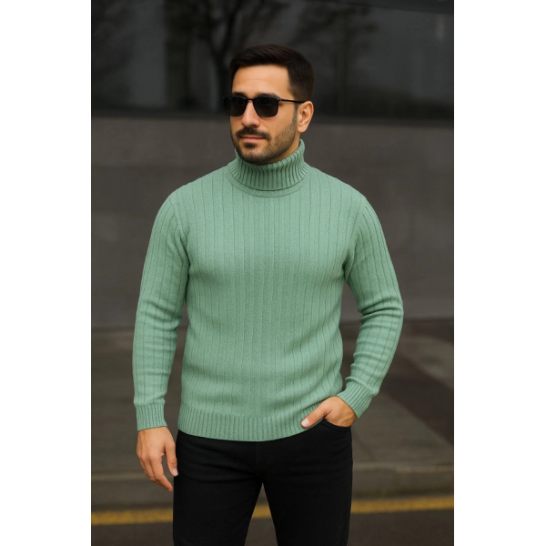 Erkek Balıkcı Yaka Bağazlı Triko Kazak Pamuklu Kalın Fitilli Dokuma, Regular Fit Uzun Kollu Kışlık Model - Mint Yeşili
