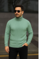 Erkek Balıkcı Yaka Bağazlı Triko Kazak Pamuklu Kalın Fitilli Dokuma, Regular Fit Uzun Kollu Kışlık Model - Mint Yeşili